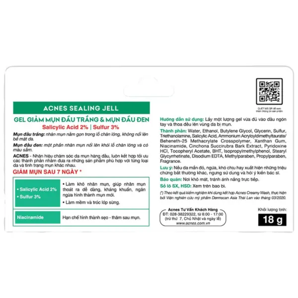 Acnes Sealing Jell 18g Back Packaging and Ingredients Back packaging of Acnes Sealing Jell 18g showing ingredients, directions and product information