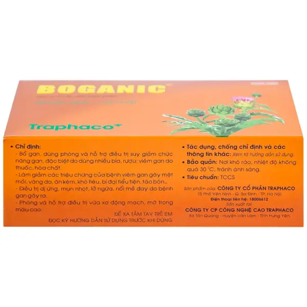 Boganic Traphaco – Indications and Storage Boganic Traphaco box side showing indications and storage instructions