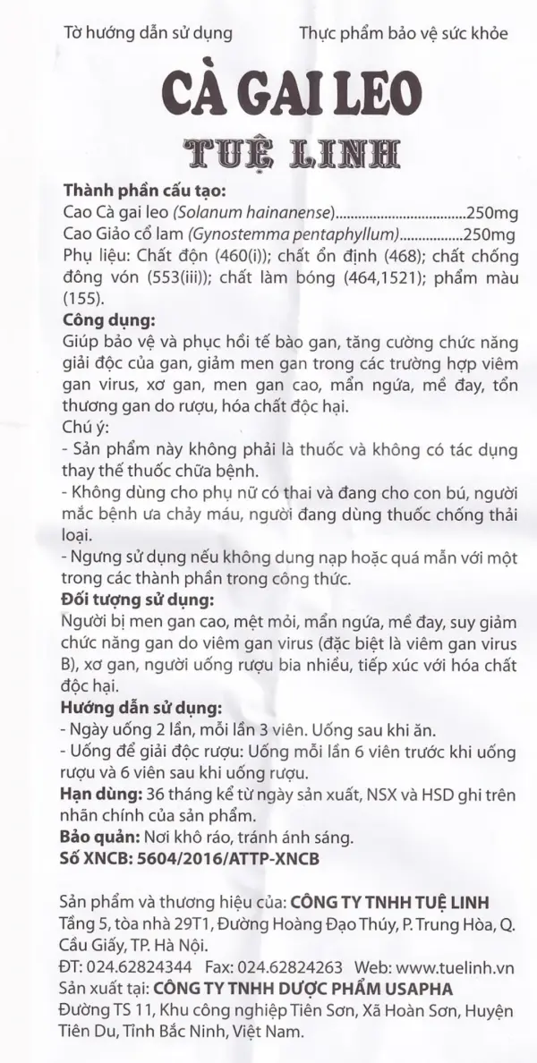 Ca Gai Leo Package Insert – Tue Linh Package insert for Ca Gai Leo Liver Support by Tue Linh