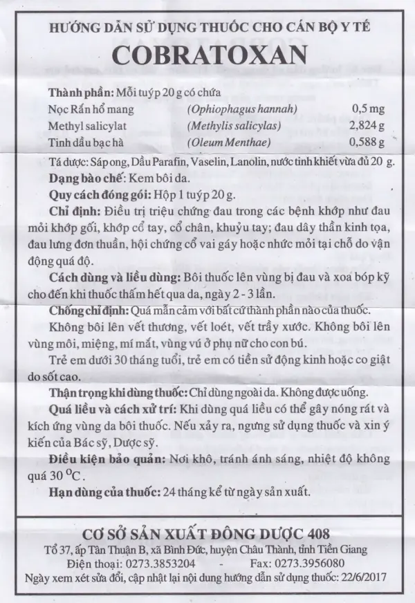 Vietnamese Cobratoxan leaflet showing ingredients, directions, contraindications and storage instructions