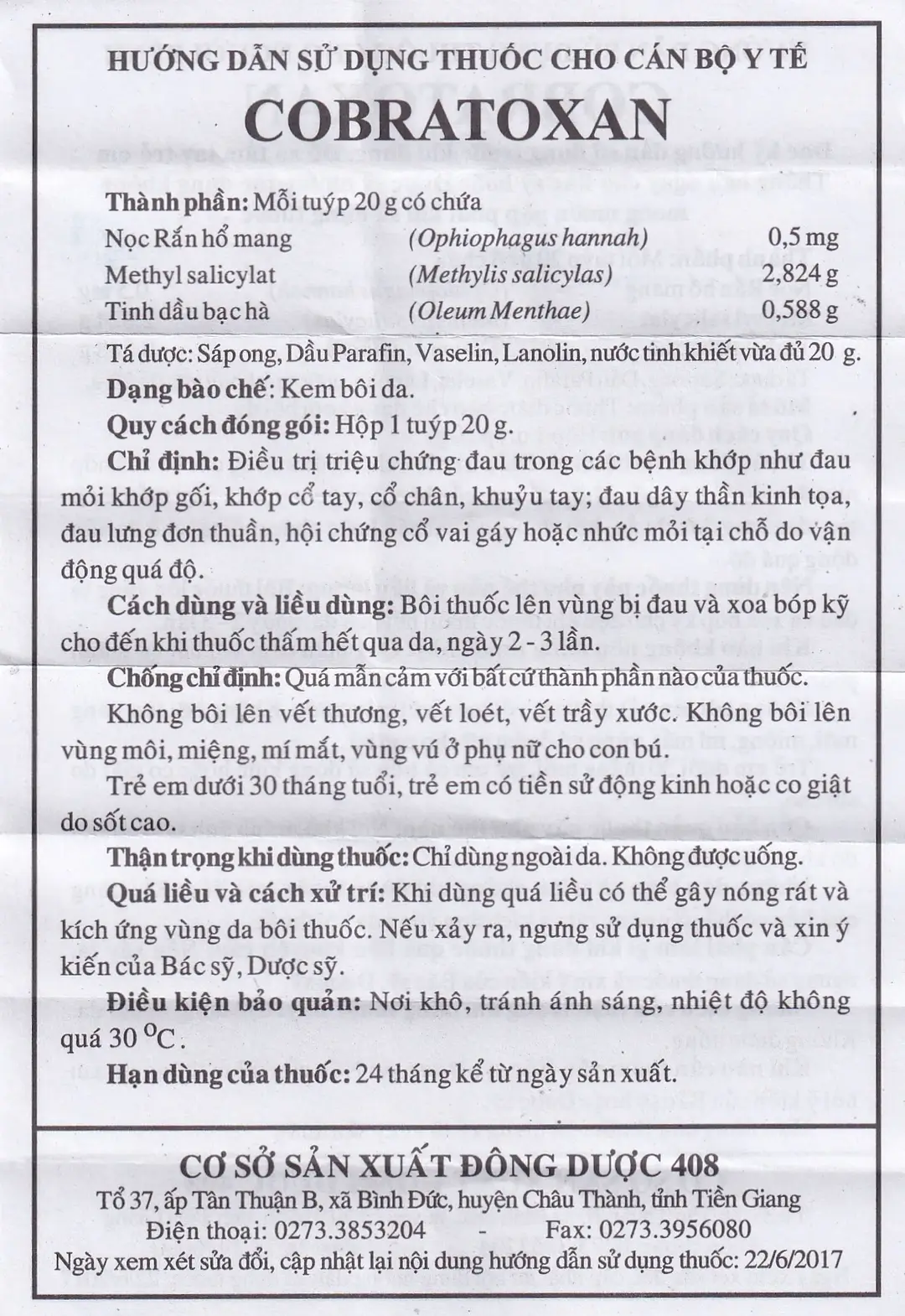 Vietnamese Cobratoxan leaflet showing ingredients directions contraindications precautions and storage instructions