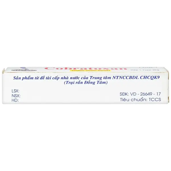 Front product image of Cobratoxan Topical Cream 20g in its original white packaging, manufactured in Vietnam by Dong Duoc 408.