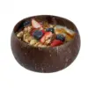Coconut Shell Bowl with Yogurt and Fresh Fruit Natural coconut shell bowl filled with yogurt, granola, strawberries, blueberries and nuts