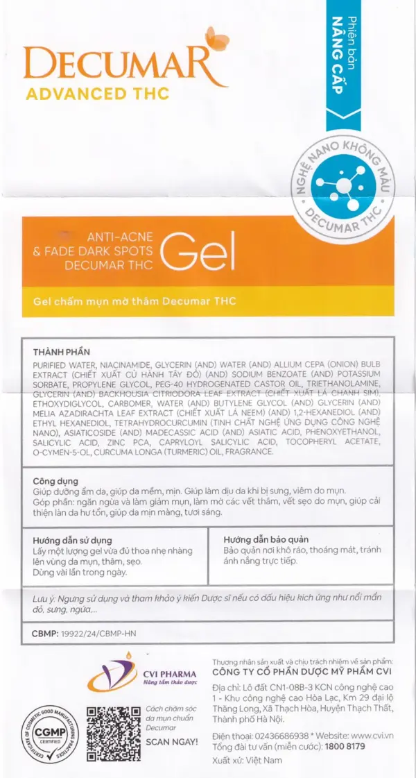 Decumar Advanced THC Anti-Acne Gel 20g Product Information Decumar Advanced THC Anti-Acne Gel 20g product information leaflet