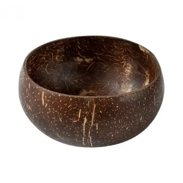 Empty Natural Coconut Shell Bowl Empty handcrafted coconut shell bowl with natural brown texture on a white background