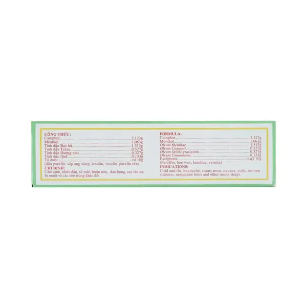 Golden Star Balm 10g OPC formula and indications in Vietnamese and English
