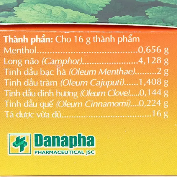 Golden Star Balm 16g Danapha – Ingredient List Ingredient list on Golden Star Balm 16g Danapha packaging with menthol, camphor and essential oils
