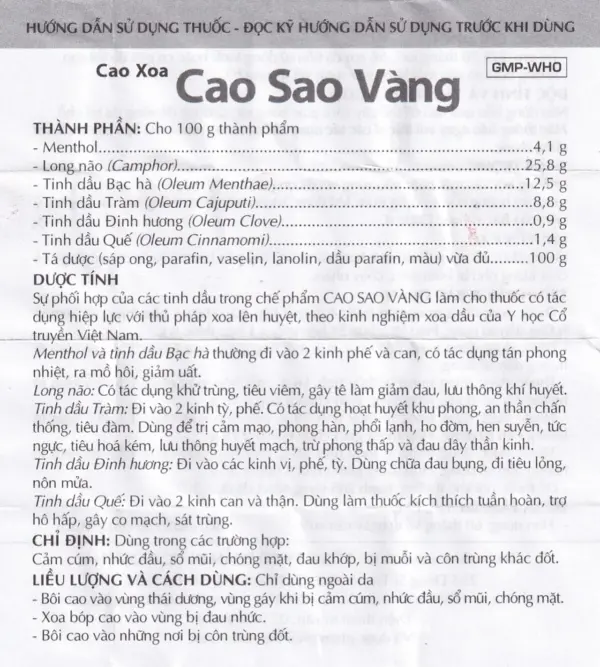 Golden Star Balm Danapha – Ingredients and Directions Vietnamese instruction leaflet showing ingredients and directions for Golden Star Balm by Danapha