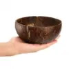 Handcrafted Coconut Shell Bowl Held in Hand Hand holding a handcrafted natural coconut shell bowl against a white background