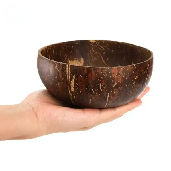 Handcrafted Coconut Shell Bowl Held in Hand Hand holding a handcrafted natural coconut shell bowl against a white background
