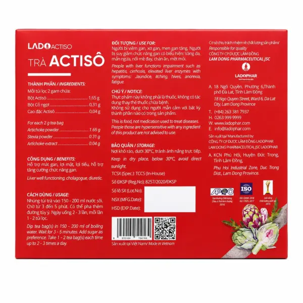 LadoActiso Artichoke Tea 200g – Back Back of LadoActiso artichoke tea 200g box with ingredients and directions