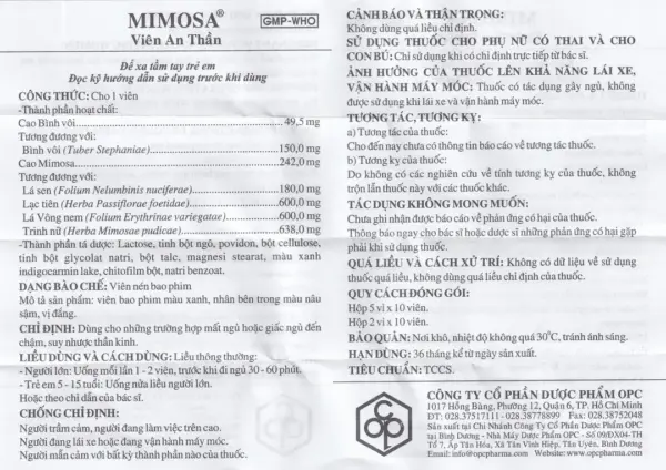 Mimosa OPC Package Insert and Instructions Mimosa OPC package insert with ingredients dosage warnings and storage