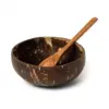 Natural Coconut Shell Bowl with Wooden Spoon Empty natural coconut shell bowl with matching wooden spoon on a white background