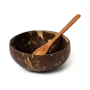 Natural Coconut Shell Bowl with Wooden Spoon Empty natural coconut shell bowl with matching wooden spoon on a white background