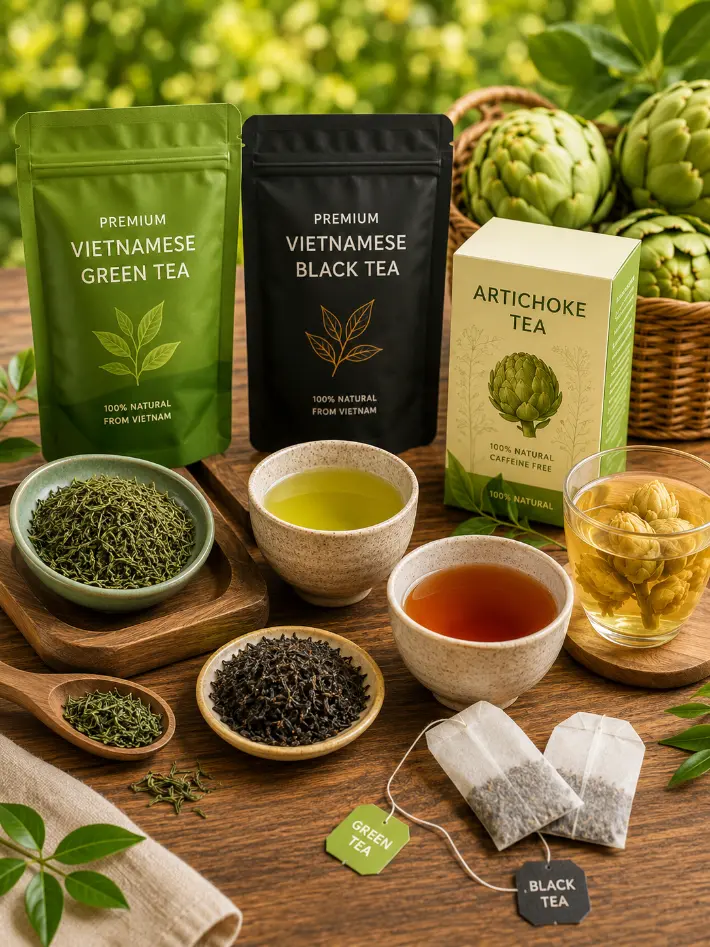 Vietnamese green tea, black tea and artichoke tea