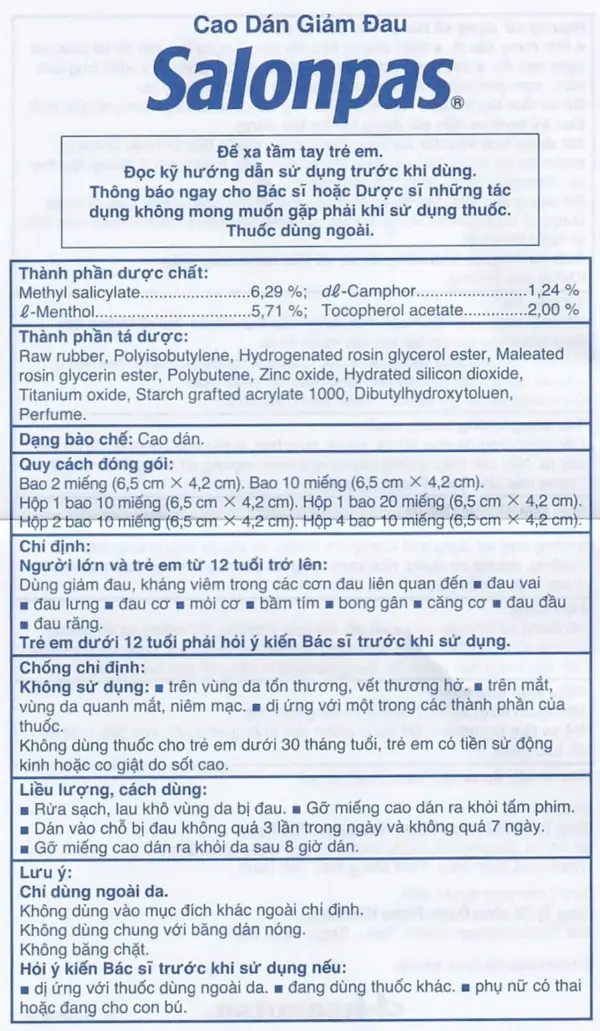 Salonpas 20 Patches by Hisamitsu – Back Packaging Back of Salonpas 20-patch box showing ingredients, directions, warnings and storage information