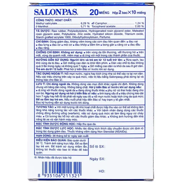 Salonpas 20 Patches – Safety and Storage Instructions Vietnamese Salonpas instruction leaflet showing warnings, pregnancy advice, interactions and storage information