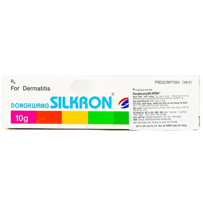 Angled view of Silkron Medicated Cream 10g retail box by DongKwang Pharmaceutical.