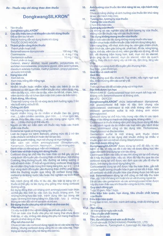 Package insert and patient information leaflet for Silkron Medicated Cream 10g by DongKwang Pharmaceutical.