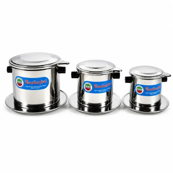 Tan Tien Dat Vietnamese Coffee Phins – Multiple Sizes Tan Tien Dat Vietnamese stainless steel coffee phins in three different sizes