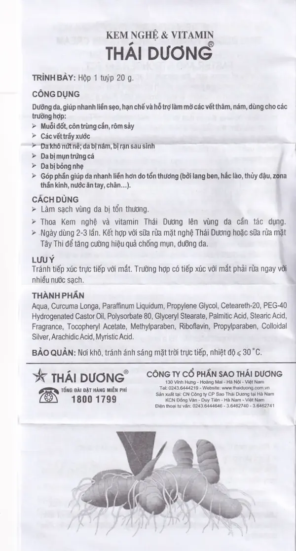 Thai Duong Turmeric Cream Instruction Leaflet Instruction leaflet for Thai Duong Turmeric Cream 20g