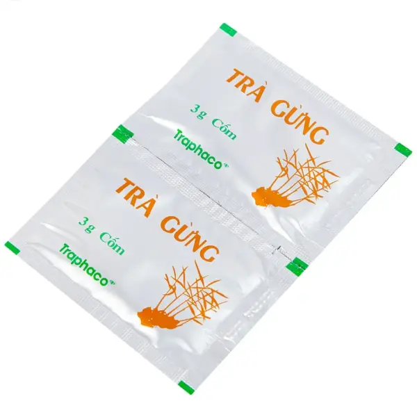 Traphaco Ginger Tea Sachets Front View Front view of two Traphaco Ginger Tea 3 g sachets