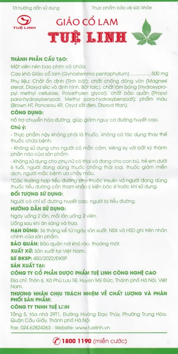Tue Linh Gynostemma Instruction Leaflet Tue Linh Gynostemma product instruction leaflet in Vietnamese