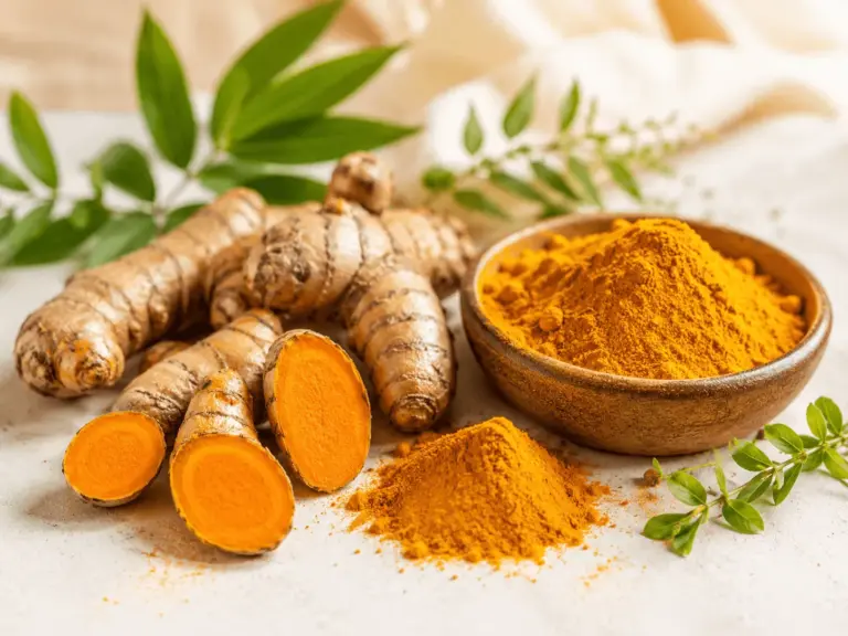 Fresh turmeric roots and turmeric powder used in natural skincare for dark spots and scars