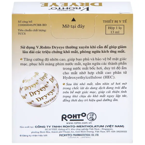 V.Rohto Dryeye 13ml Back Packaging Back of V.Rohto Dryeye 13ml box with product information