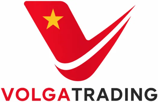 Volga Trading logo featuring a stylized red V with a yellow Vietnamese star and the Volga Trading brand name.