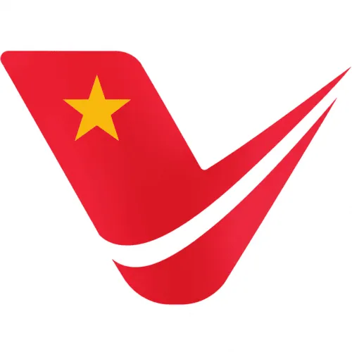Volga Trading square logo featuring a red stylized V and a yellow star inspired by the Vietnamese flag.