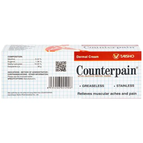 Counterpain 30g Box – Ingredients Panel Counterpain 30g box ingredients and English information panel