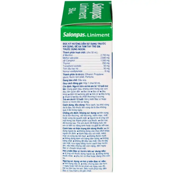 Salonpas Liniment 50mL – Ingredients and Directions Salonpas Liniment 50mL box ingredients and directions panel