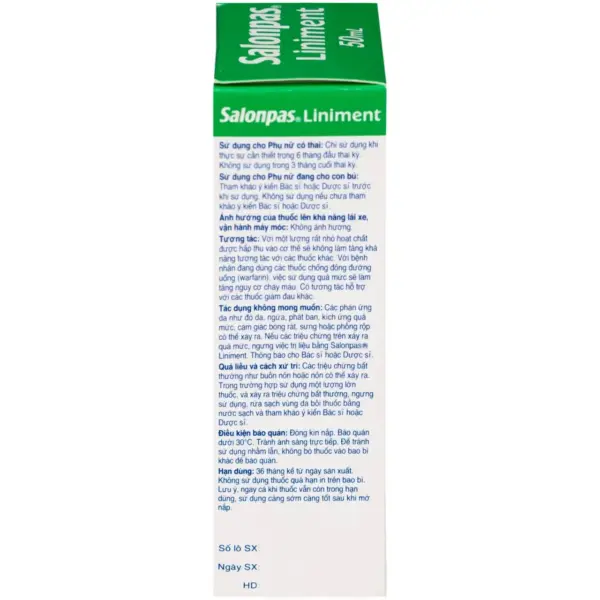 Salonpas Liniment 50mL – Warnings and Storage Salonpas Liniment 50mL box warnings and storage panel